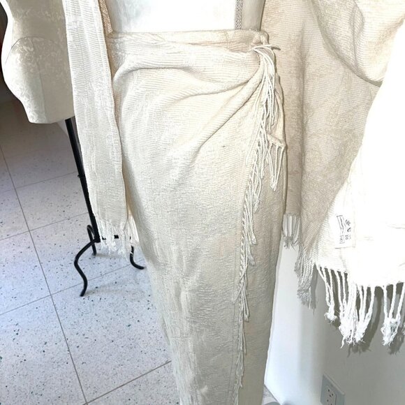 W Fringe Jacket Skirt Set Womens Viscose Cotton Pockets Open Front Wrap Style - Picture 9 of 12